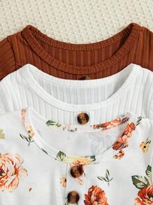 3pcs/Set Baby Girls Floral Print Solid Ribbed Button Strap Dress Set - Multicolor - View 8