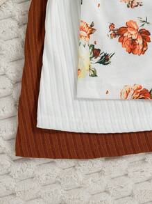 3pcs/Set Baby Girls Floral Print Solid Ribbed Button Strap Dress Set - Multicolor - View 9