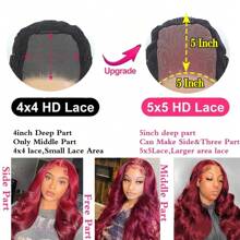 Tóc giả không keo Burgundy Wear And Go 5x5 Tóc thật được nhổ sẵn cắt sẵn cho người mới bắt đầu Tóc giả ren phía trước màu Burgundy 99j Tóc thật được nâng cấp không keo 5x5 Tóc giả ren sóng thân HD dành cho phụ nữ - Màu Đỏ Sâu - Xem 5
