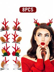 鹿角发夹 4 对装 可爱驯鹿发夹 鳄鱼角鹿角发夹和耳朵发卡 圣诞派对 (红色)，发饰 - 彩色 - 查看 7