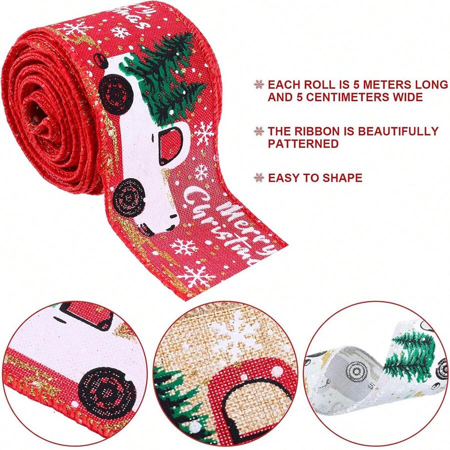 3rolls Christmas Ribbon With Metal Wire Edge, Ribbon With Christmas