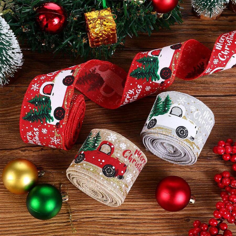 3rolls Christmas Ribbon With Metal Wire Edge, Ribbon With Christmas