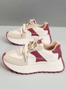 2024 年秋季新款女士厚底运动鞋透气厚底拼色休闲增高运动鞋 - 米紅色 - 查看 3