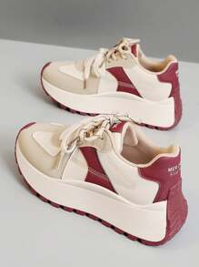 2024 年秋季新款女士厚底运动鞋透气厚底拼色休闲增高运动鞋 - 米紅色 - 查看 2