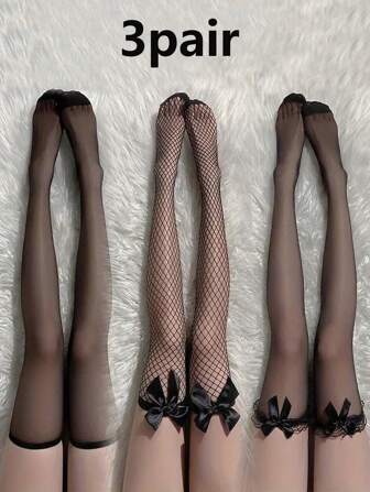 3pairs Black Silk Sexy Stockings, Can Be Torn Over The Knee Sexy Stockings Transparent Black Socks, Cozy Socks