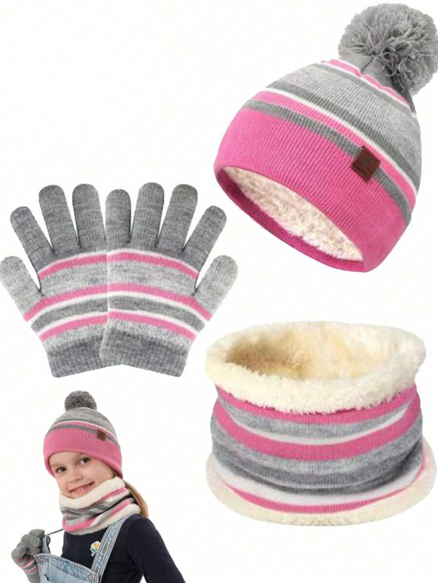 4 件套儿童无檐便帽、围巾和手套套装，温暖针织冬季配饰，柔软可爱，适合 3-8 岁的男孩和女孩