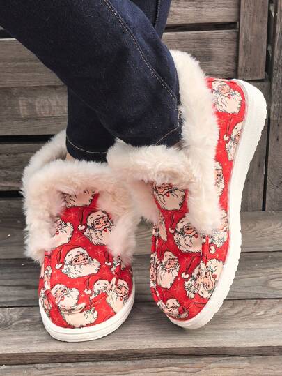 بوت شتوية نسائية جديدة بتصميم بابا نويل وهدايا عيد الميلاد والثلجي، بوت كاجوال دافئة من الفرو الناعم،أسفل دائري ناعم، مريحة وخفيفة الوزن للخارج بمقاسات كبيرة، بوت ثلج أنيقة
