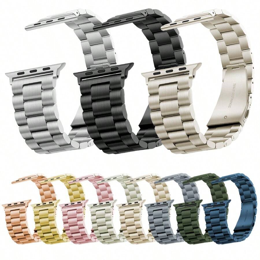 1入男女適用三珠雙按鈕摺疊扣實心不鏽鋼蘋果手錶帶，適用於三星Galaxy Watch 6/5/4、華為手錶、小米手錶，22mm/20mm - 三珠實心鋼帶 - 查看 1