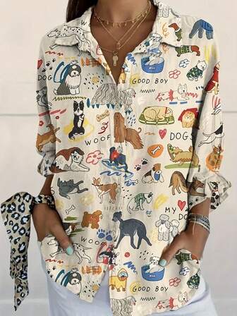 女士休闲随机狗印花衬衫