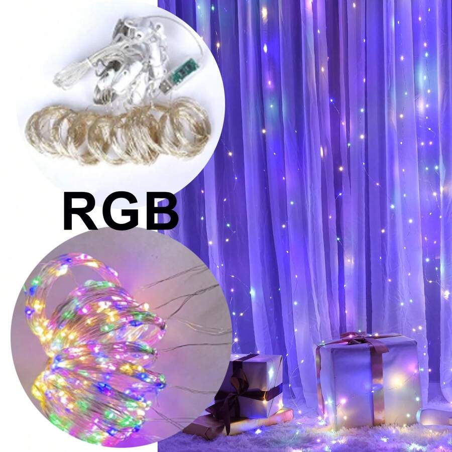 1 Pack Twinkle Star 300 LED Window Curtain Lights With Remote, Rainbow RGB/Warm White , Fairy Lights String Hanging Lights For Wedding,  Wall, Party, Indoor Decor - 9.8*9.8ft