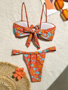 PEPPERMOLLY 全新印花柔软抹胸露背系带比基尼，女士夏季沙滩泳装 - 橘色 - 查看 2