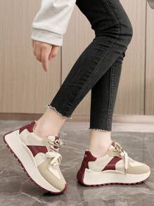 2024 年秋季新款女士厚底运动鞋透气厚底拼色休闲增高运动鞋 - 米紅色 - 查看 5