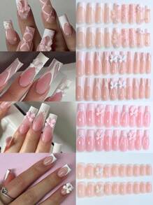 96 件/4 套按压式指甲长杏仁丙烯酸指甲白色法式蝴蝶结形珍珠设计假指甲，粉色蝴蝶结樱花盖假指甲包含 4 件果冻胶和 4 件指甲锉，适用于女士和女孩的美甲装饰