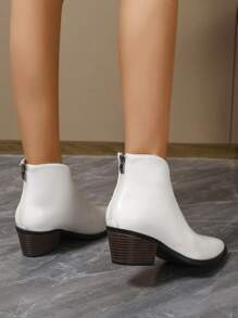 适合连帽衫、复古英伦风格白色女式踝靴、春秋季、尖头粗跟短靴 - 白色 - 查看 5