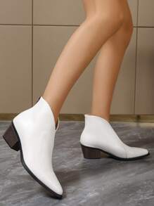 适合连帽衫、复古英伦风格白色女式踝靴、春秋季、尖头粗跟短靴 - 白色 - 查看 4