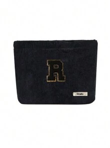 Túi cầm tay nhung kẻ, Túi đựng đồ trang điểm, Túi đựng đồ sọc đơn giản khi đi du lịch, Khăn đen thêu chữ A-Z, Ví đựng mỹ phẩm màu trơn, Túi đựng đồ trang điểm du lịch nhung kẻ dung tích lớn: Hoàn hảo cho việc làm đẹp khi di chuyển! Túi đựng đồ mỹ phẩm du lịch, Đơn giản và cao cấp, Đựng phụ kiện, Thích hợp để cất giữ trong ký túc xá, Du lịch, Đi công tác, Bơi lội, Đựng đồ tại nhà - màu đen - Xem 30