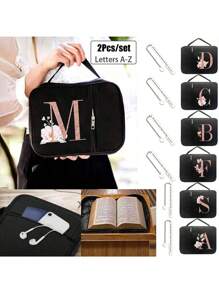 时尚简约复活节耶稣印花圣经袋和 1 个不锈钢书签，带和链条、首字母印刷、圣经封面、圣经架、便携整理袋，带拉链和口袋，适用于标准尺寸圣经袋，用于圣经学习，圣经封面，花卉圣经盒，带手柄的圣经袋，非常适合成人女性男性圣经学习（黑色）（拉链位置随机）