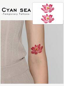 1pc Washable Temporary Tattoo, Chinese Style Colorful Lotus Flower Design, Suitable For People, Waterproof And Sweat Proof For Daily Use - Multicolor - View 1