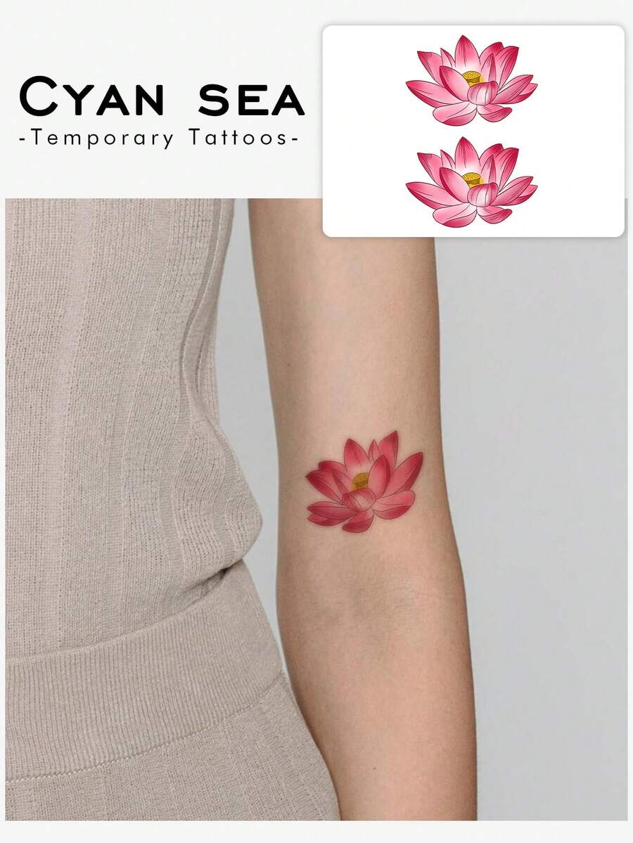 1pc Washable Temporary Tattoo, Chinese Style Colorful Lotus Flower Design, Suitable For People, Waterproof And Sweat Proof For Daily Use - Multicolor - View 1