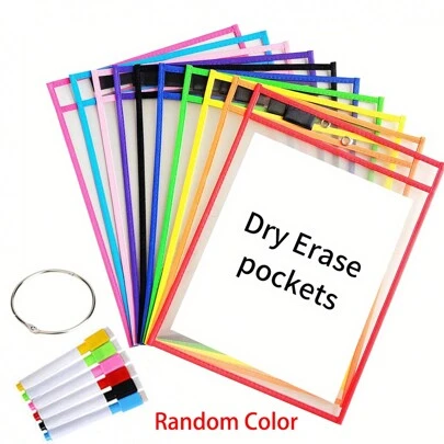 6/13/17 Packs Reusable Dry Erase Pockets Sleeves With Pens, Rings, 10 X 14 Inch Ticket Holders Clear Plastic Sleeves Sheet Protectors, Teacher School Classroom Supplies Art Supplies, 10 Assorted Colors Back To School, School Supplies