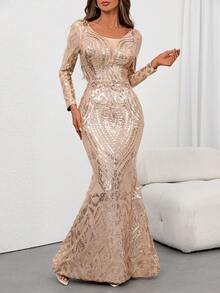 女士亮片美人鱼下摆长袖优雅婚礼宴会毕业派对礼服 - 香檳色 - 查看 2