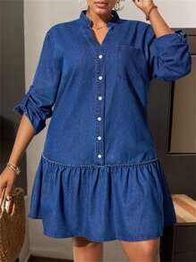 Women's Plus Size Cowboy Dresses Daily Versatile Casual Short Dress Simple - Blue - View 1