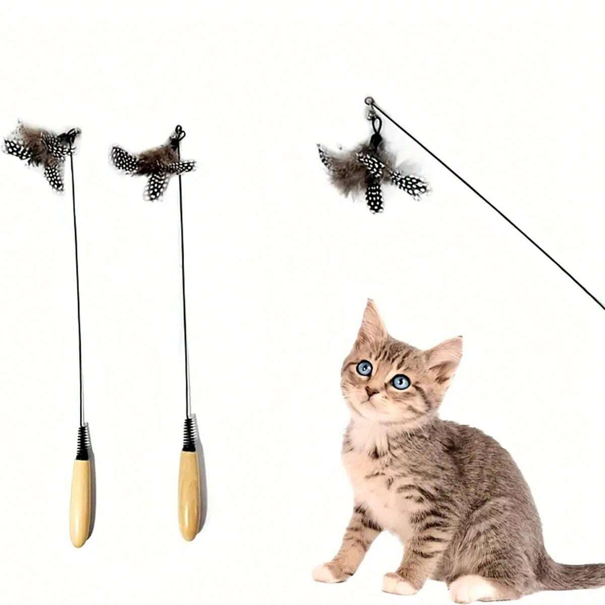Interactive Feather Cat Toy With Bell Durable Wooden Handle