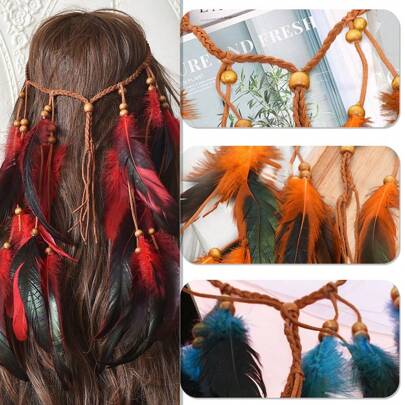 1. 女士渐变羽毛流苏发带，复古时尚手工编织绳和木珠羽毛头饰，适合度假和日常佩戴，可作发带、头巾、吸汗带、发箍、秋冬发饰、优雅围巾、女士头巾、柔软头巾