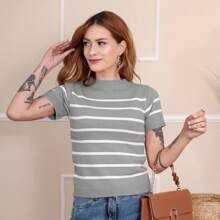 Women's Striped Short Sleeve Knit Modal Blouse - Màu xám và trắng - Xem 1