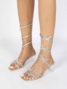 女士水钻和珍珠装饰性感尖头高跟凉鞋，蛇纹设计和踝带，适合夏季派对 - 金色 - 查看 3