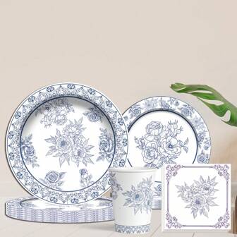 Conjunto de 80 peças/conjunto de louças descartáveis para festa com tema de porcelana azul e branca, inclui copos para bebidas geladas/café, pratos de papel descartáveis de 9/7 polegadas, pratos de sobremesa