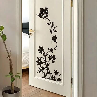 1 件创意黑色蝴蝶花卉藤蔓自粘冰箱墙贴适用于客厅卧室家居装饰、贴纸、墙贴花、乙烯基贴花用于家居装饰、春季装饰品让您的家焕然一新、节日装饰贴纸礼物生日毕业