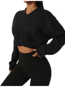 Women's Loose Soft Long Sleeve Workout Sweatshirt Outdoor Fitness Clothing V-Neck Pullover Sweatshirt Sweatshirt Suitable For Outdoor Exercise Casual Wear Fall/Winter - Black - View 4