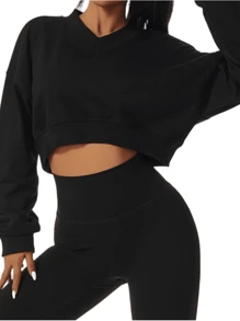 Women's Loose Soft Long Sleeve Workout Sweatshirt Outdoor Fitness Clothing V-Neck Pullover Sweatshirt Sweatshirt Suitable For Outdoor Exercise Casual Wear Fall/Winter - Black - View 2