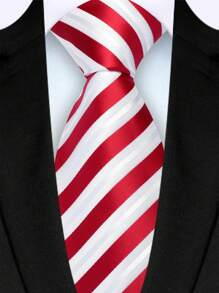 1pc 8cm Red & White Striped Necktie, High Quality Fashion Casual Tie For Men, Suitable For Wedding Party Business