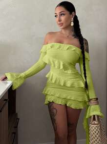 露肩优雅浪漫约会之夜连衣裙，性感迷人紧身派对连衣裙，情人节女士套装，飘逸长裙，时尚亮片上衣 - 綠色 - 查看 3
