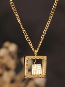 1件不锈钢方形雕刻“福”字项链，18K镀金中国风长方形“福”字纹理吊坠，适合女士参加派对和日常佩戴 - 金色 - 查看 2