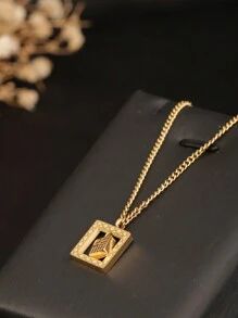 1件不锈钢方形雕刻“福”字项链，18K镀金中国风长方形“福”字纹理吊坠，适合女士参加派对和日常佩戴 - 金色 - 查看 1