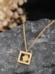 1件不锈钢方形雕刻“福”字项链，18K镀金中国风长方形“福”字纹理吊坠，适合女士参加派对和日常佩戴 - 金色 - 查看 3