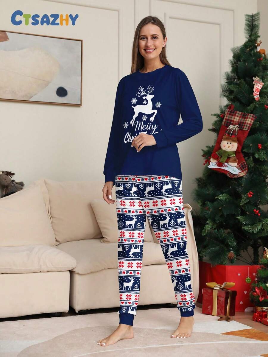 女士圣诞睡衣，新年圣诞鹿印花上衣和碎花裤，女士圣诞套装，圣诞睡衣，女士秋冬两件套家居服，秋季服装