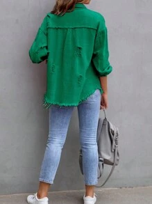 Women's Ripped Distressed Denim Jacket Long Sleeve Button Down Boyfriend Jean Coat Trucker Jacket - Green - View 5