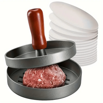1 PIEZA Prensa de hamburguesas antiadherente premium y papel de separación de medallones - Elaborador de medallones sin esfuerzo para hamburguesas de carne, res, queso y verduras perfectas - Ideal para parrilla, plancha, barbacoa y cocción a la barbacoa