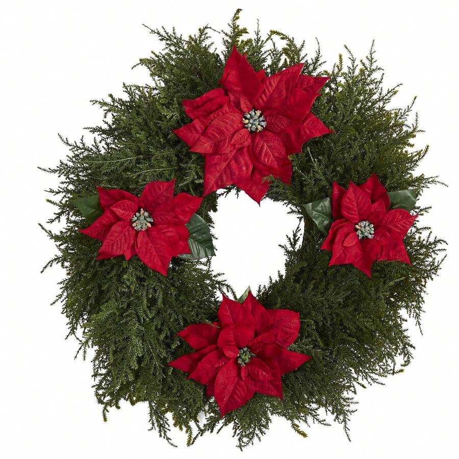24-In Cedar And Poinsettia Artificial Wreath - màu xanh lá - Xem 1