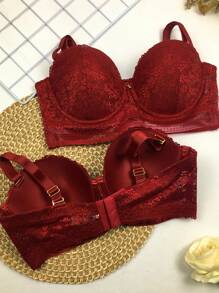 Lace Bra With Removable Straps, Fixed Cup And Jewel Detail For Feminine - 紫紅色 - 查看 3