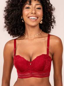 Lace Bra With Removable Straps, Fixed Cup And Jewel Detail For Feminine - 紫紅色 - 查看 1