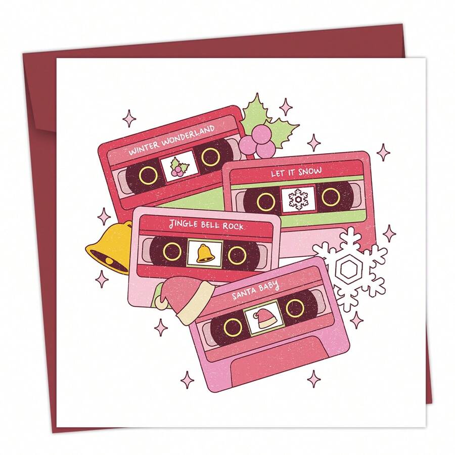 1 张圣诞音乐磁带贺卡，适合朋友和家人、节日新年欢呼卡、生日庆祝卡、衷心祝福、音乐爱好者的圣诞礼物、万圣节、万圣节装饰 - 彩色 - 查看 1
