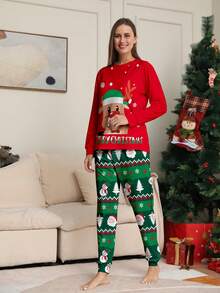 Women's Christmas Pajamas, Santa Claus Print Long Sleeve Top And Floral Pants, Women's Christmas Outfit, Christmas Sleepwear, Women's 2 Pieces Autumn/Winter Loungewear Set - Multicolor - View 4