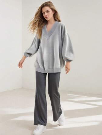 Felpa ampia da donna casual, semplice e alla moda, in grigio con scollo a V, adatta per autunno e inverno