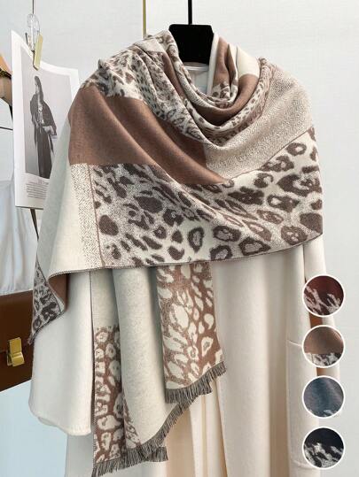FADZOYLE 1件装女士豹纹提花围巾，艺术感十足，可作毯子围巾、长款披肩、斗篷、围巾，大格纹设计，冬季保暖，时尚设计师新款优雅系列，适合作为礼物、婚礼新娘伴娘披肩或旅行围巾。