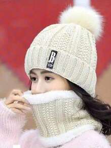1 set Bonnet et écharpe tricotés pour femme en hiver, ensemble de bonnet épais doublé pour réchauffer les oreilles
